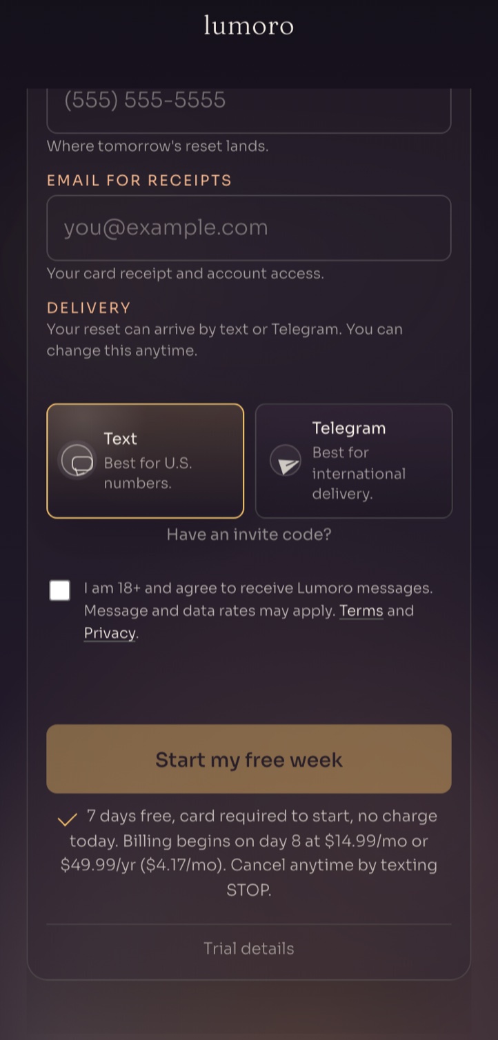Setup screen showing consent checkbox: I am 18+ and agree to receive Lumoro messages, with Terms and Privacy links