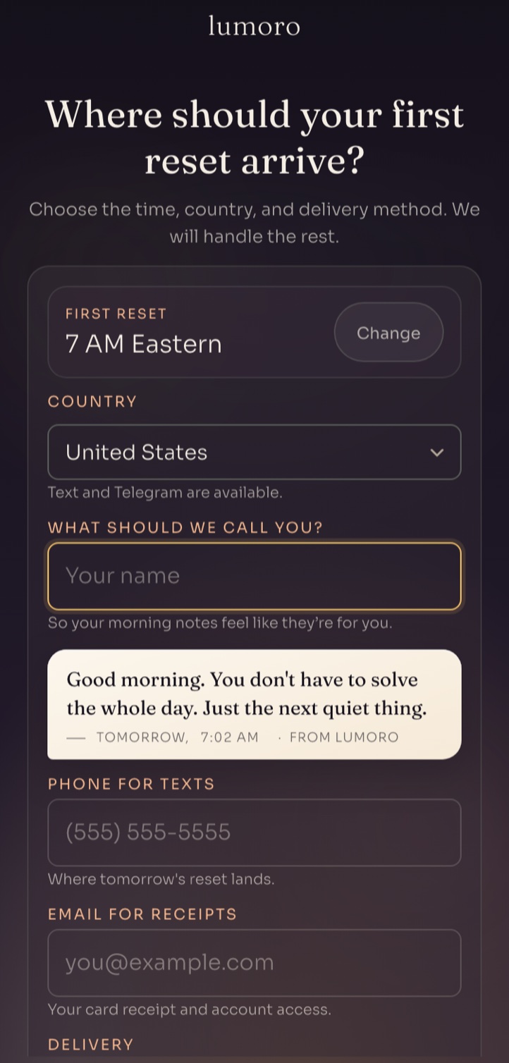 Setup screen showing phone number field, SMS preview bubble, and delivery channel options for Text or Telegram